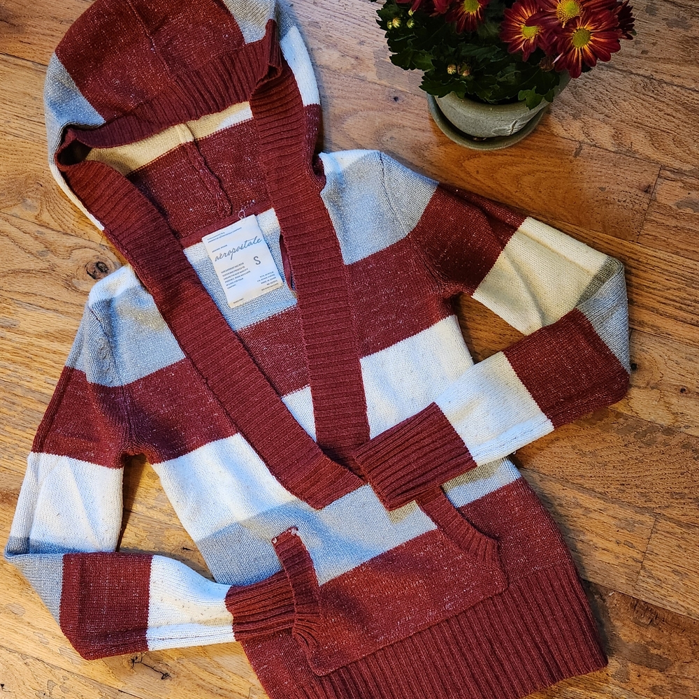 Aeropostale Burgundy and Light Gray, White Striped Cardigan